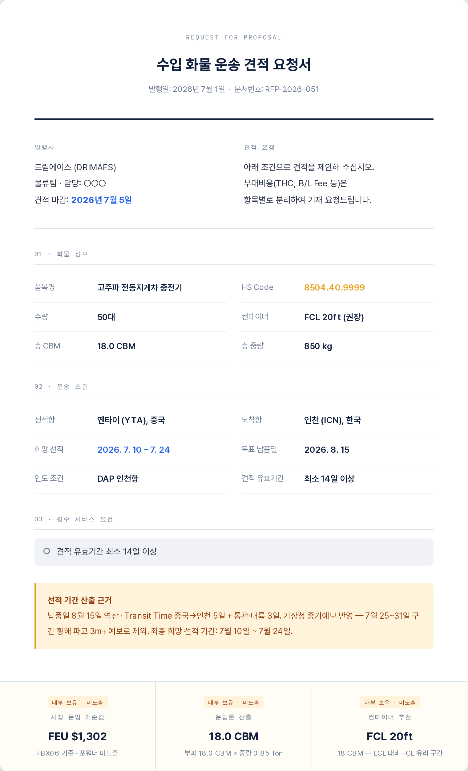 견적요청서(RFP) 출력 예시 — 화물정보·운송조건·선적기간 근거
